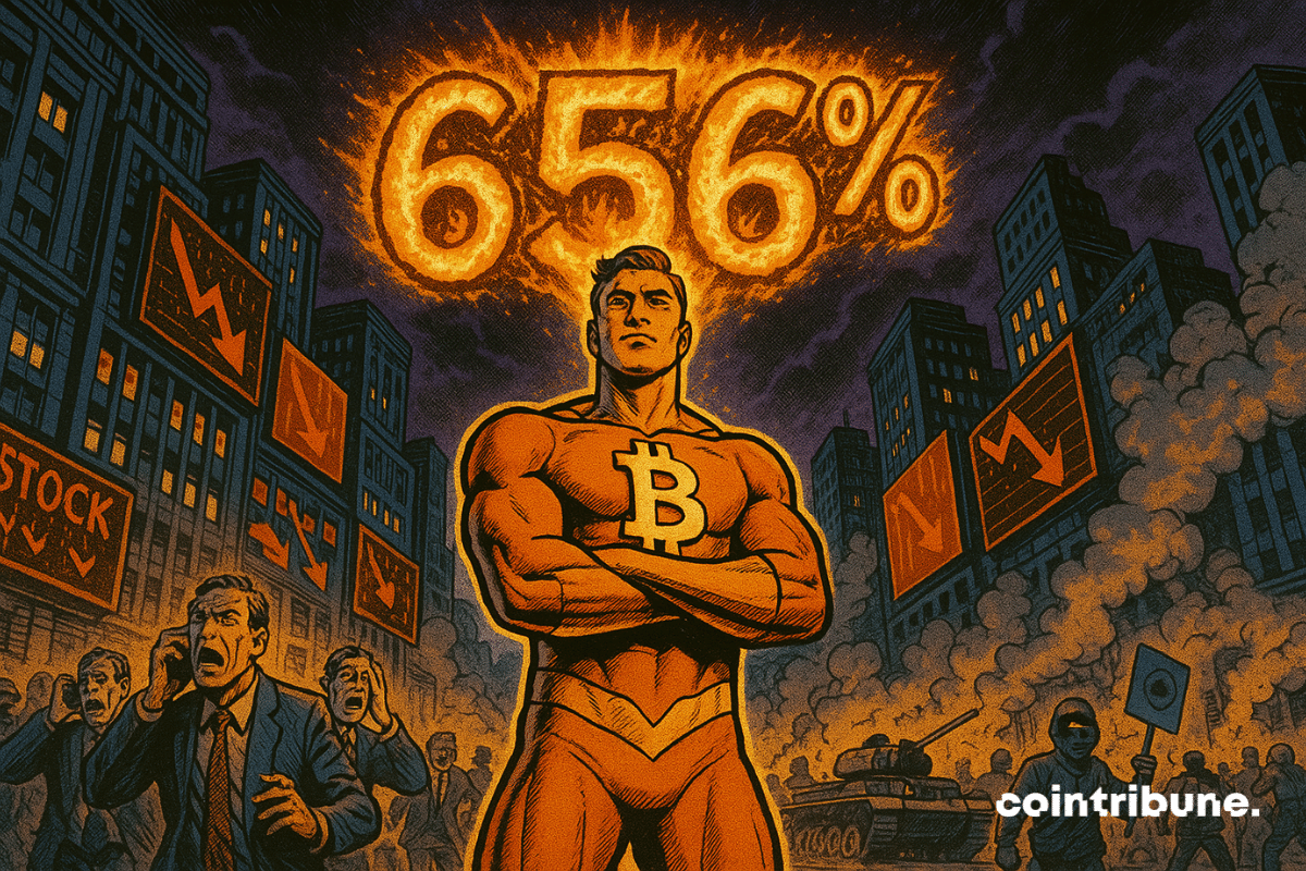 A 1970s comic book-style illustration of a chaotic urban scene inspired by Times Square, shot from a low angle. In the center, a superhero inspired by the Bitcoin logo, wearing an orange and gold jumpsuit with a golden ₿ symbol on his chest, arms crossed, and a calm and confident expression.