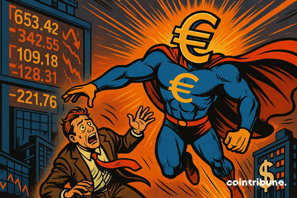 The euro personified as a superhero, tall and confident, wearing a blue costume adorned with the “€” symbol. With arms outstretched and cape flowing, he catches a panicked investor falling from a building in the background adorned with a large dollar sign “$.”