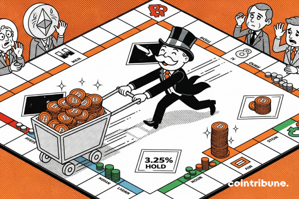 BlackRock incarne Monopoly, tirant un chariot débordant de bitcoin