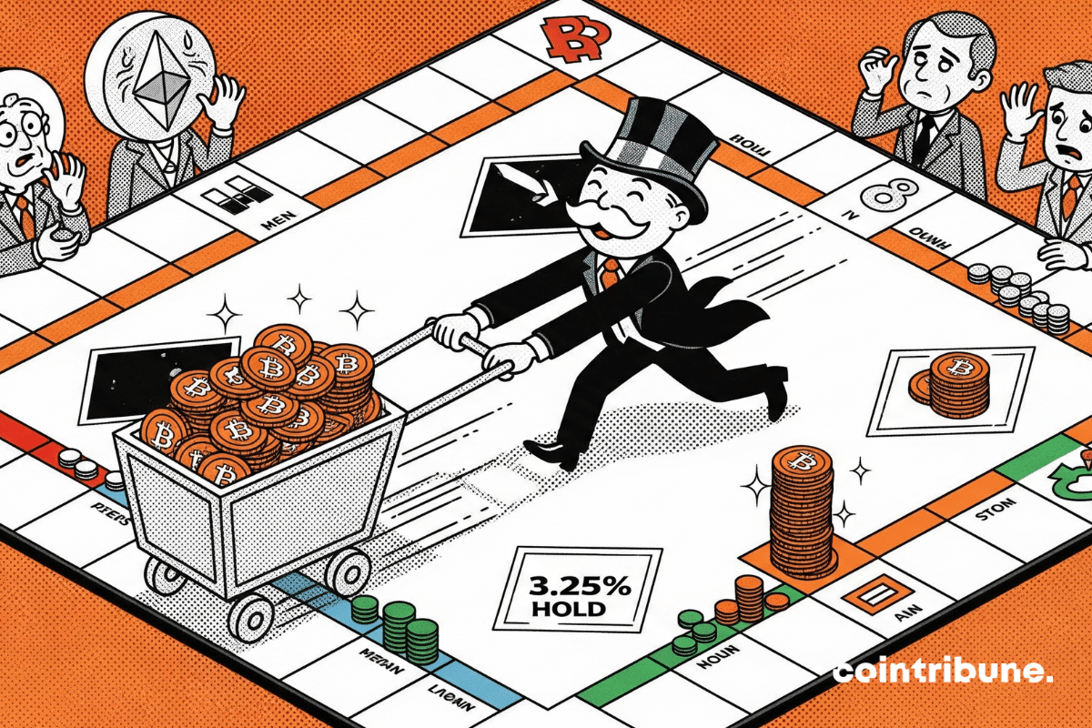 BlackRock incarne Monopoly, tirant un chariot débordant de bitcoin