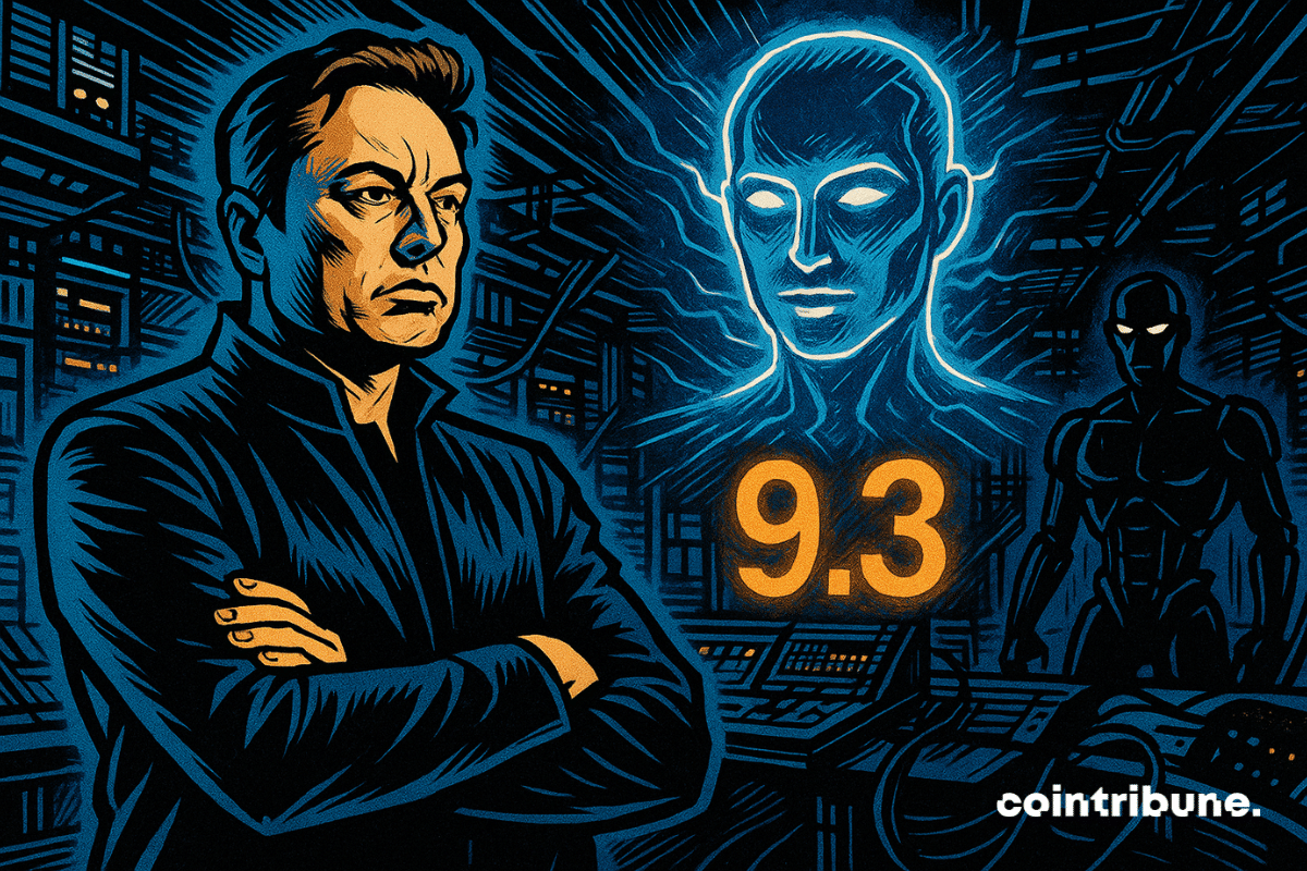 En un centro futurista, Elon Musk se enfrenta a un holograma de IA calificado como “9.3”, mientras que un robot amenazante, que simboliza OpenAI,