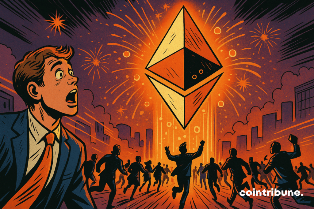 Un joven inversor de traje, boquiabierto, observa cómo se alza un tótem gigante de Ethereum. Un tótem luminoso con la forma del logotipo de Ethereum proyecta destellos naranjas y morados.