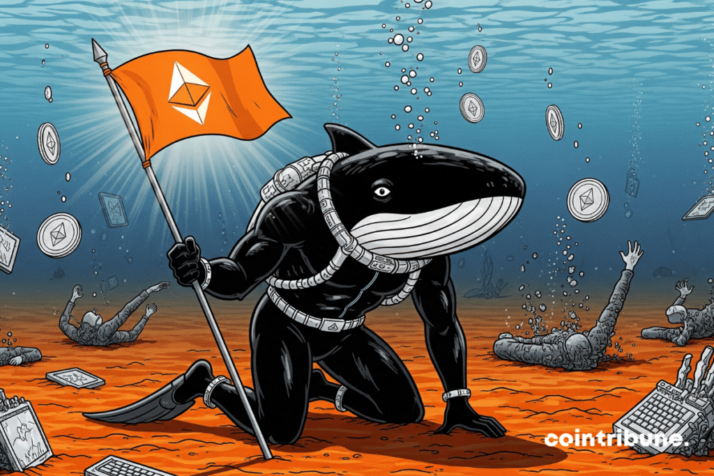 A stoic whale holding an Ethereum flag planted in fractured ground