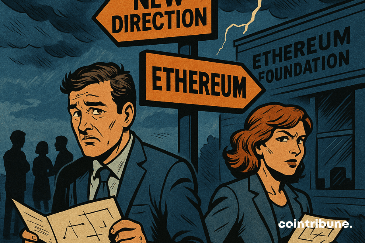 Dois profissionais de terno estão indecisos em uma encruzilhada, segurando mapas. Uma placa aponta para "Nova Direção" e outra para "Ethereum". Ao fundo, um prédio escuro exibe a inscrição "Fundação Ethereum" sob um céu tempestuoso. A cena transmite tensão e incerteza estratégica.