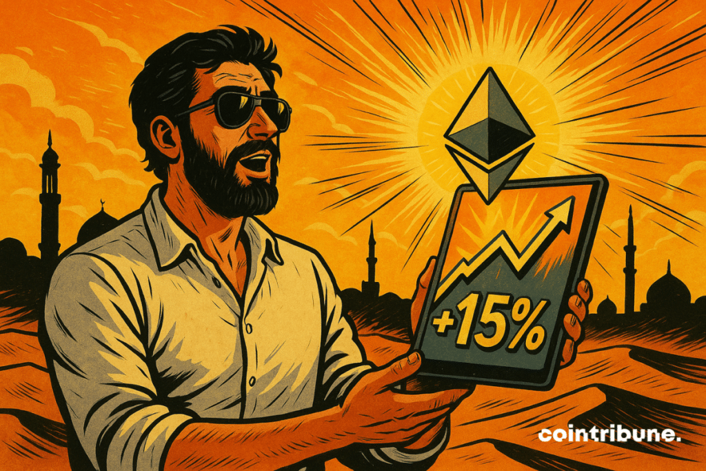 A bearded trader in a white shirt gazes in wonder at a tablet displaying +15% on Ethereum, in a desert bathed in orange light, with minarets in the background and a bright sun.