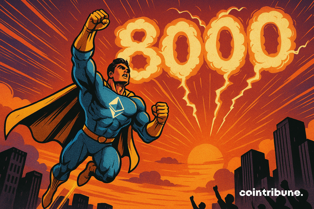 Un super-héros Ethereum s’élève vers un ciel flamboyant au coucher du soleil, en direction du chiffre “8000” formé de nuages électriques, sous les acclamations de la foule en contrebas.