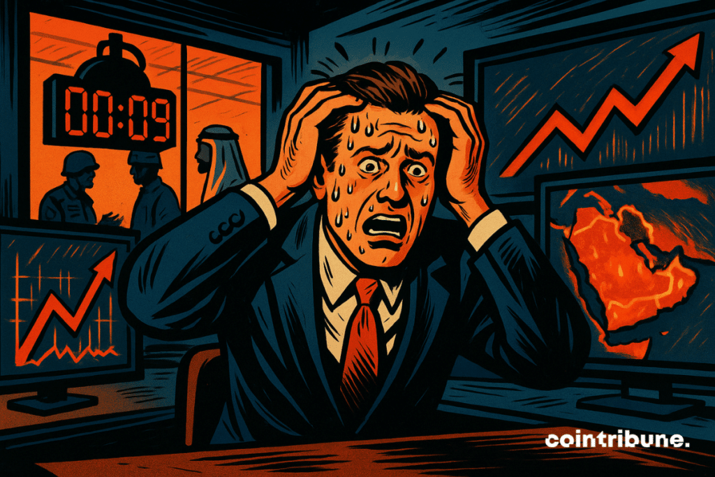 An American Fed banker in a navy blue suit sits in a dark crisis room, hands in his hair, panicked expression on his face, sweat visible. He is surrounded by glowing screens displaying an exploding inflation graph (a rising red arrow) and a map of the Middle East in flashing red and orange.
