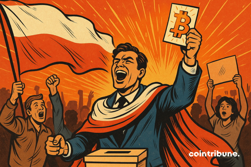 Un homme politique en costume, drapé dans le drapeau polonais, brandit fièrement un bulletin de vote marqué du symbole Bitcoin ₿. Autour de lui, une foule euphorique acclame sa victoire. L’arrière-plan explosif d’orange et de rouge évoque une révolution électorale. Le style est celui d’une bande dessinée des années 1970, énergique et contrasté.
