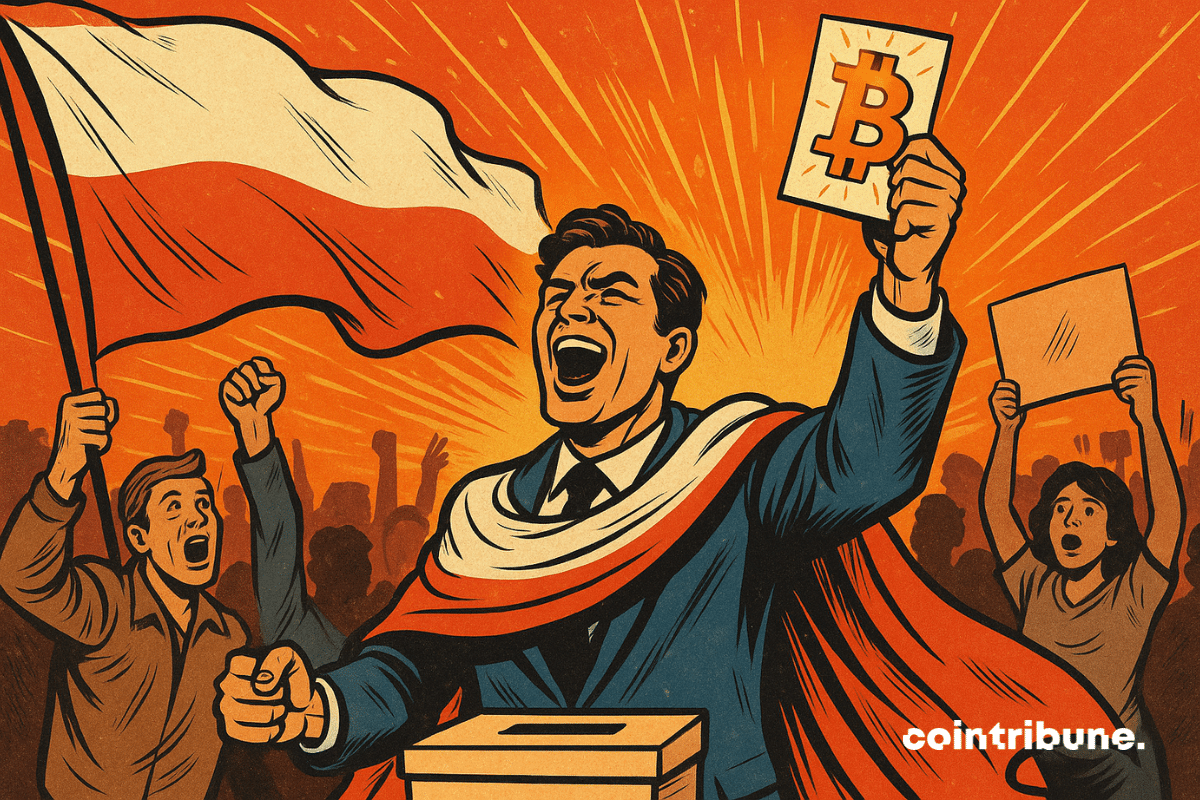 Un político de traje, envuelto en la bandera polaca, levanta con orgullo una papeleta electoral marcada con el símbolo de Bitcoin ₿. A su alrededor, una multitud eufórica celebra su victoria. El explosivo fondo naranja y rojo evoca una revolución electoral. El estilo es el de una tira cómica de los años 70, enérgico y contrastante.