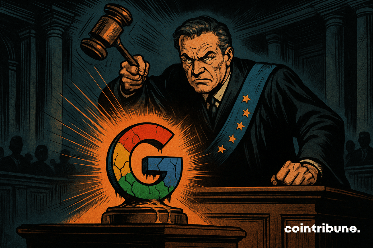 Em um tribunal europeu estilizado dos anos 1970, um juiz de túnica preta e cachecol da UE balança um martelo sobre um logotipo rachado do Google, dramaticamente iluminado por uma luz laranja.