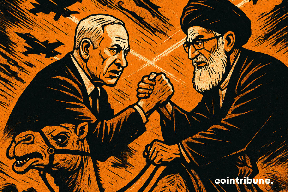 Illustration montrant deux figures politiques dans un bras de fer symbolique, représentant l'affrontement géopolitique entre Israël et l'Iran sur fond de tensions régionales. source:dalle