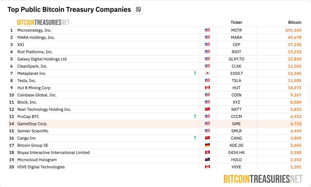 Ranking of the 20 leading publicly listed companies holding Bitcoin in treasury. Source: BitcoinTreasuries.