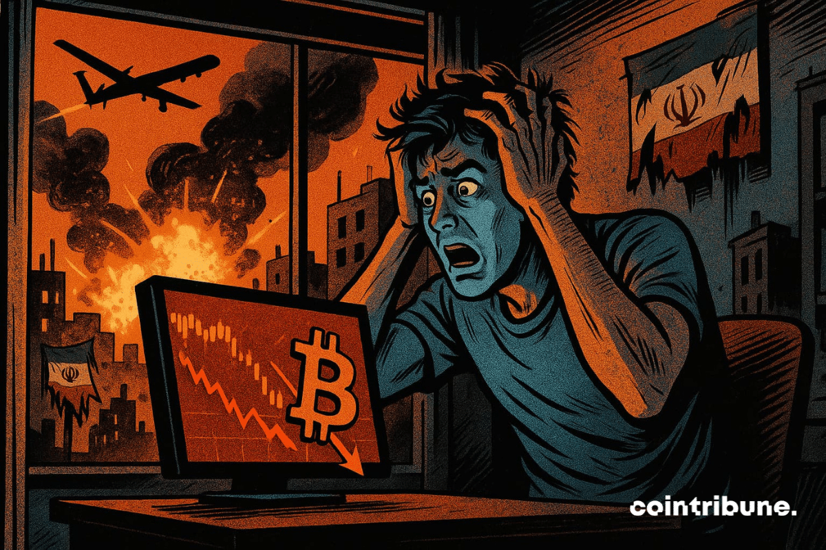 Modern office lit by the glow of screens, close-up of a trader in a rumpled suit leaning toward his multiple monitors. A Bitcoin trader, shirt unbuttoned, tie loosened, expression of shock and disbelief, one hand on his forehead. Main screen displaying “3,000” in large red numbers with a downward arrow.