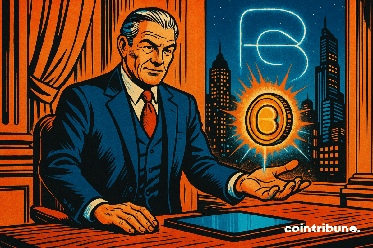 Un carismático banquero de JPMorgan hace levitar un token blockchain brillante sobre una tableta en una lujosa oficina con vista a una ciudad futurista iluminada por una “B” estilizada.