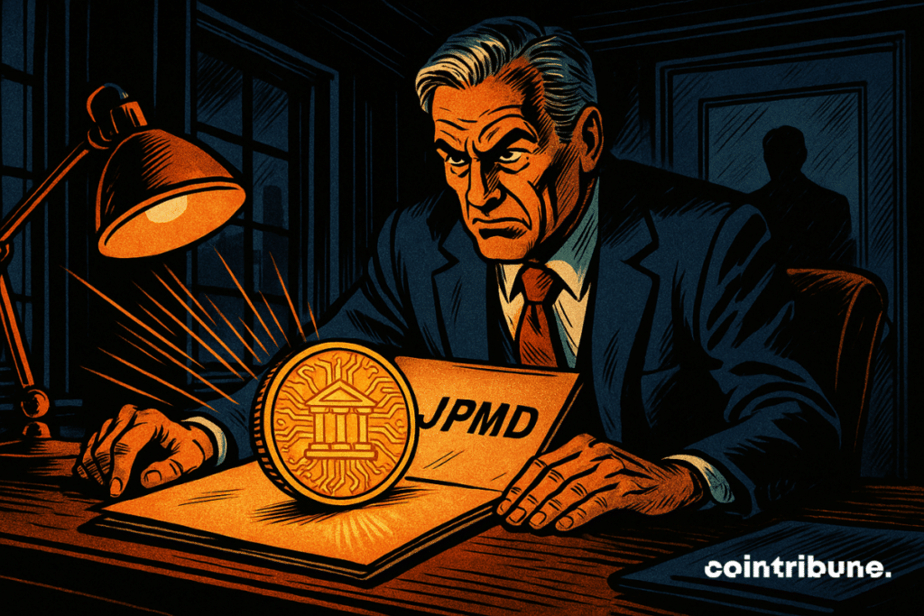 A tense Jamie Dimon, CEO of JP Morgan, discovers a mysterious gold stablecoin marked "JPMD" in a confidential file, illuminated by an orange lamp, as a figure behind a glass window watches.
