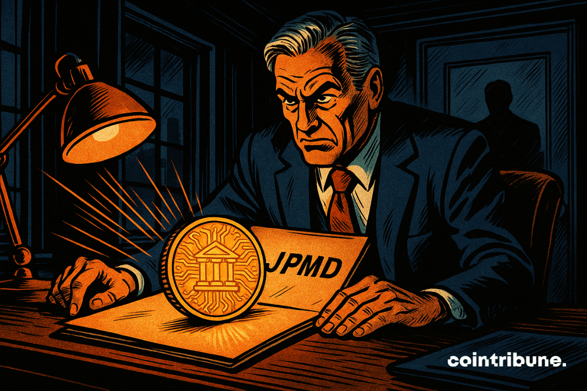 Jamie Dimon, PDG de JP Morgan, tendu, découvre un stablecoins dorée mystérieuse marquée "JPMD" dans un dossier confidentiel, éclairé par une lampe orange, sous le regard d'une silhouette cachée derrière une vitre.
