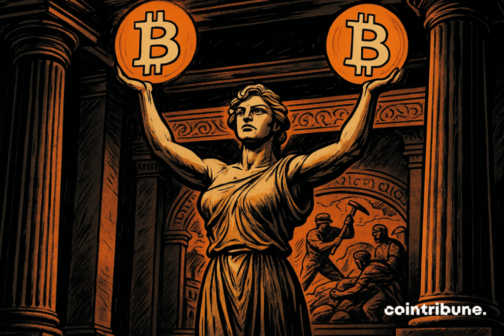 Bitcoin long-term holders symbolised by a strong figure balancing two Bitcoin icons, reflecting market stability.