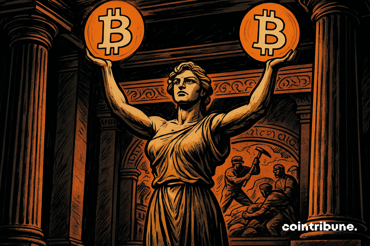 Les détenteurs de bitcoin à long terme sont symbolisés par un chiffre fort équilibrant deux icônes Bitcoin, reflétant la stabilité du marché.