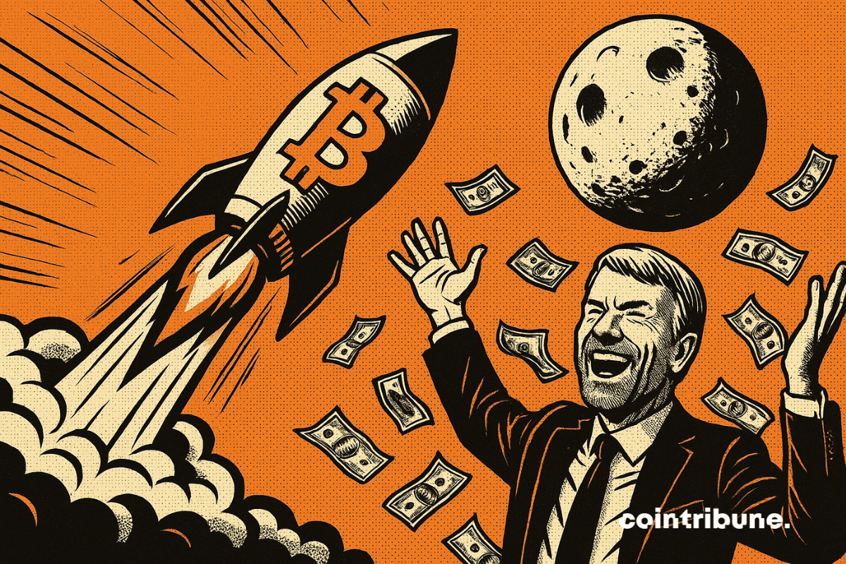 Michael Saylor smiling with arms raised in front of a bitcoin rocket blasting off to the moon, with banknotes flying.