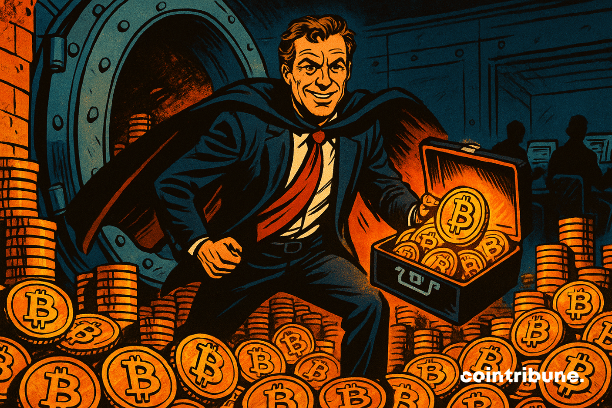 Saylor debout, main tendue vers un distributeur automatique qui crache des Bitcoins.