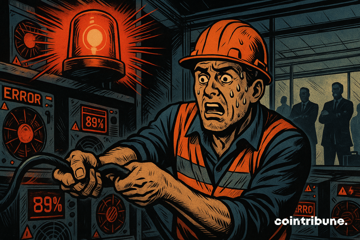 Un mineur de Bitcoin paniqué tire un câble dans une ferme minière en surchauffe. Alarmes rouges, sueur, tension extrême, et des agents fiscaux en arrière-plan accentuent l'urgence dramatique.