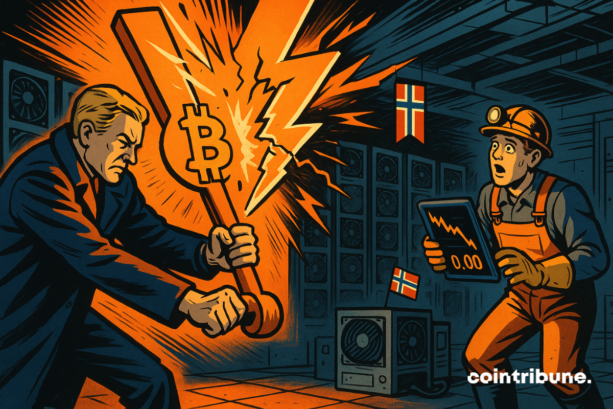 En una central eléctrica futurista, un ministro noruego corta abruptamente la energía de Bitcoin, electrocutando a un minero. Los servidores se apagan, se genera tensión dramática y una paleta fría de naranja y azul típica de los cómics de los 70.