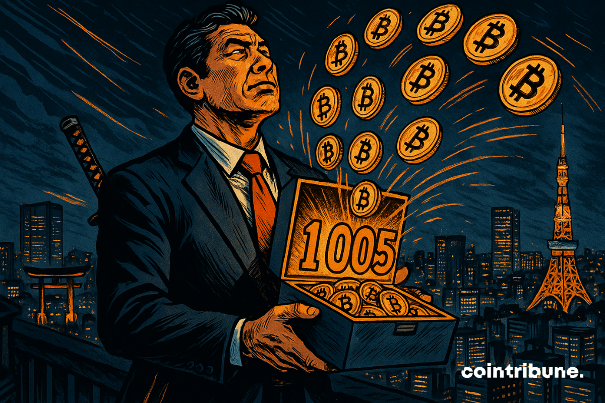 Businessman japonais tenant une boîte remplie de pièces Bitcoin