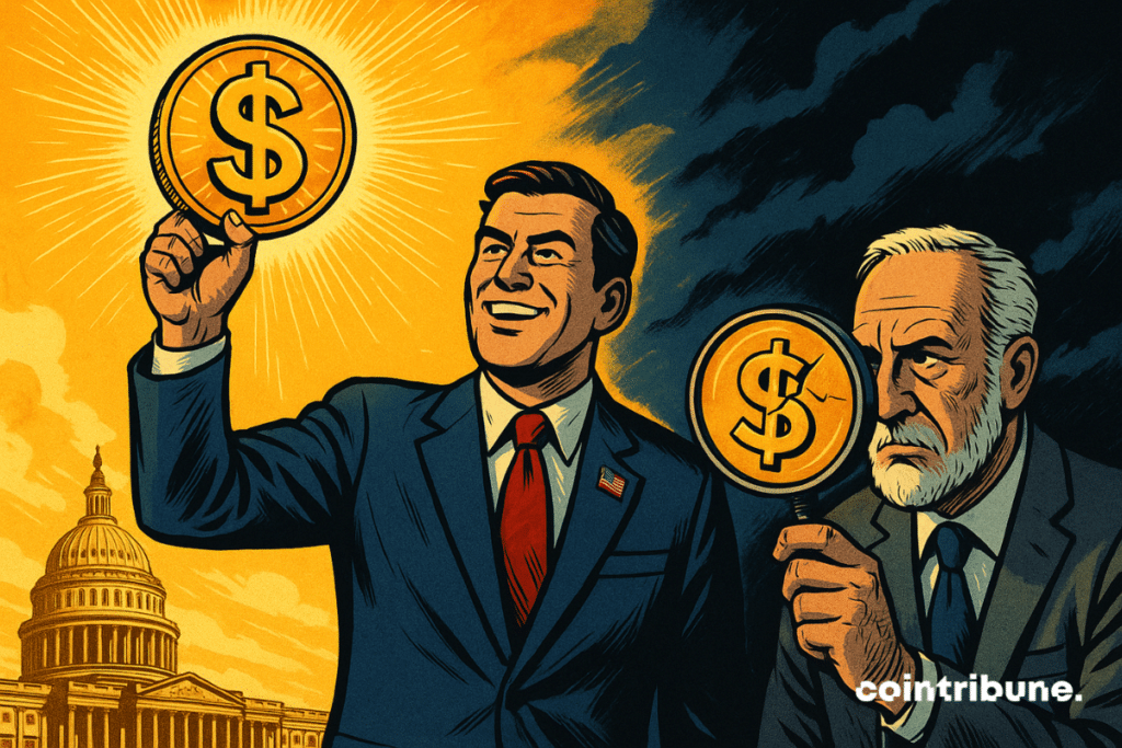 A senator proudly holds up a dollar-denoted stablecoin in front of the Capitol, while Peter Schiff watches from the shadows, revealing a crack in an eerie light.