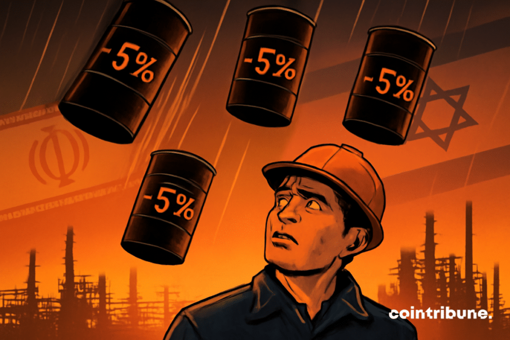 A shocked man in a blue suit reacts to the fall in oil prices, with a bursting barrel and a red downward arrow, while the silhouettes of Israel and Iran frame the scene.