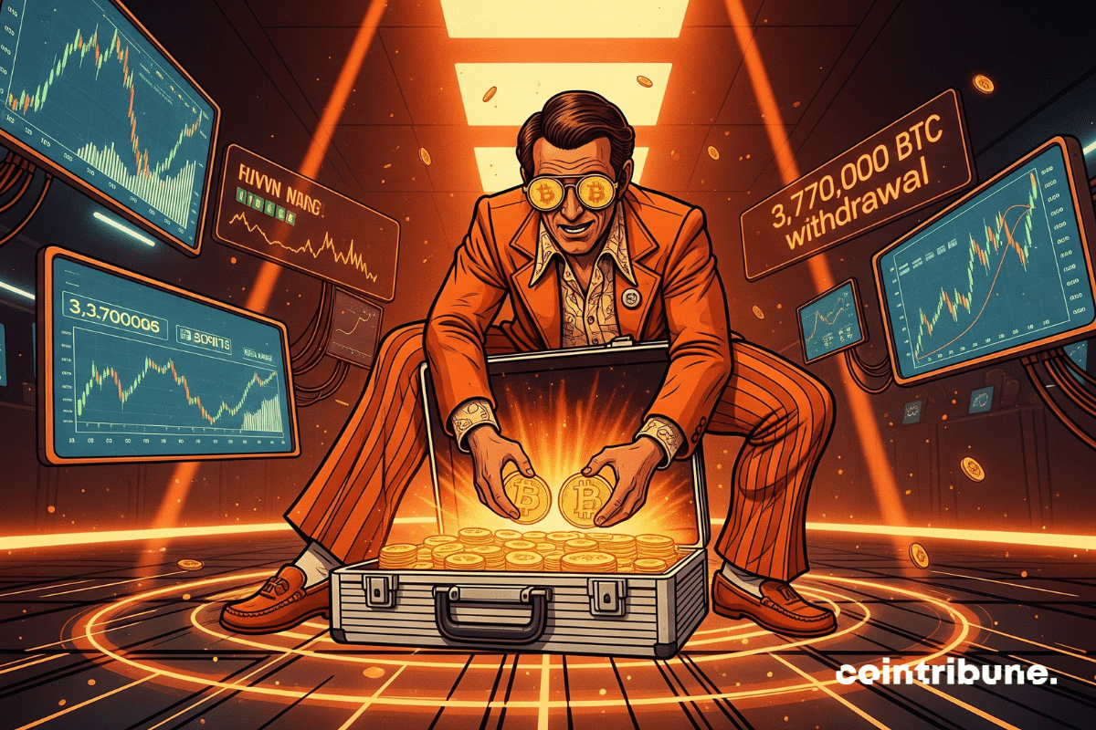 Investidor compra bitcoin, com a bolsa em pânico atrás dele