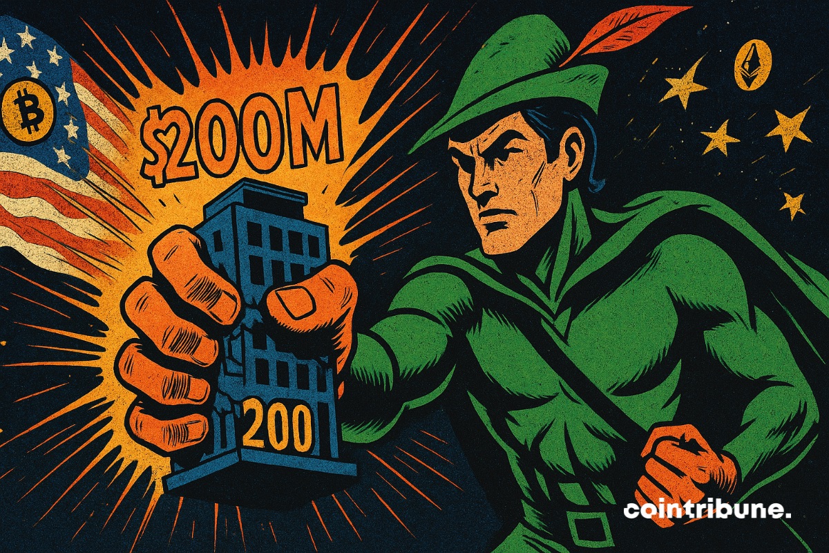 Robinhood qui tient en main le bâtiment de l’exchange crypto Bitstamp qu’il vient de racheter pour 200 millions de dollars.