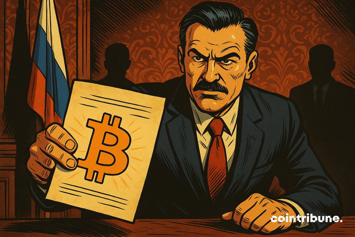 Um banqueiro russo de terno escuro de três peças, com ar determinado, inclinado sobre uma mesa, segurando um documento carimbado com o logotipo do Bitcoin.
