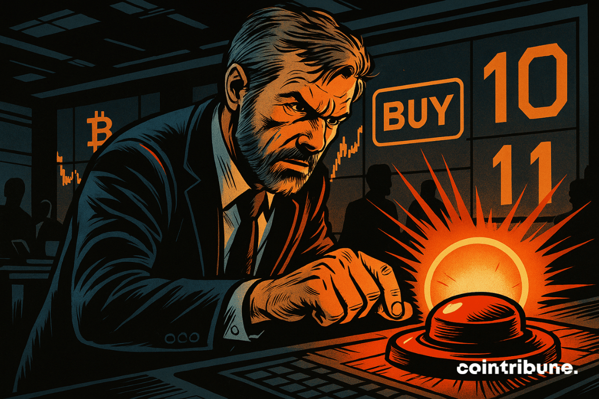Michael Saylor appuie sur un bouton rouge lumineux dans une salle de contrôle sombre, entouré d’écrans affichant Bitcoin. L’atmosphère est tendue, chargée de suspense et de décision imminente.