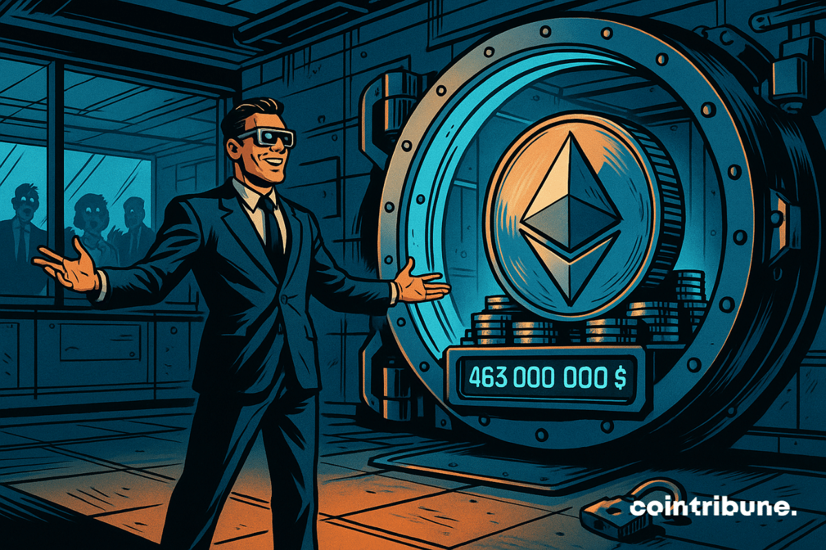 Un homme en costume bras ouvert regarde un coffre avec le logo Ethereum