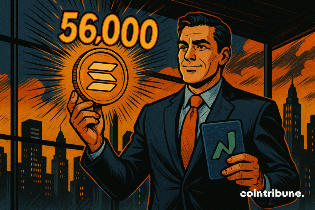 A futuristic bridge connects Wall Street to a cyberpunk Solana universe. A focused Solana trader in a suit tosses a glowing token. Dramatic atmosphere, contrasting lighting, floating numbers: 56,000.