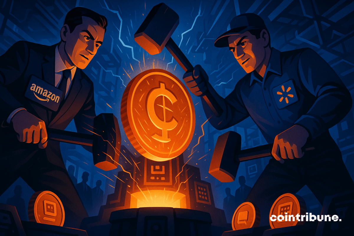 Dos figuras estilizadas que representan a Amazon (traje de negocios + logotipo en forma de insignia) y Walmart (estilo clásico americano + insignia con logotipo). Golpeando monedas estables gigantes, cada uno en su esquina, con expresión decidida.