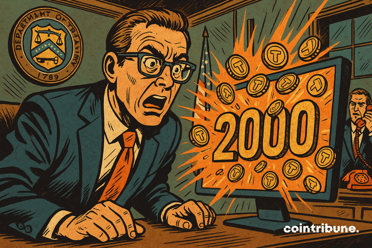 A formal U.S. Treasury office, dark but illuminated by a bright light coming from a screen. The screen projects the number "2000" with stablecoin icons exploding around it and the Bitcoin logo.