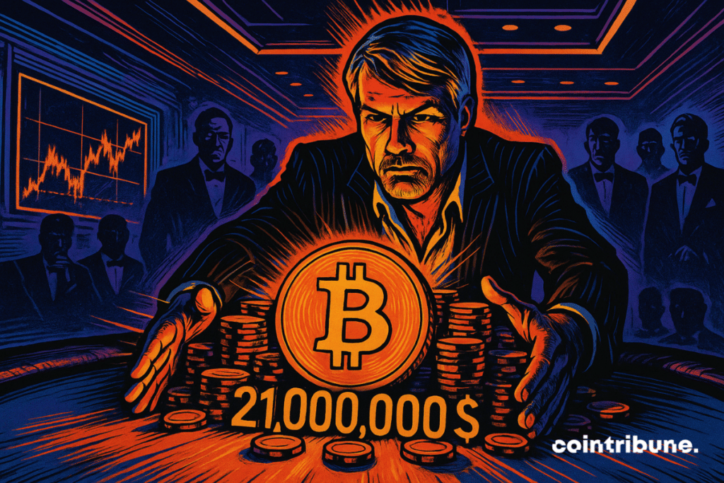 Dans un casino futuriste, Saylor déterminé pousse ses jetons vers un énorme Bitcoin de 21 000 000 $. Des milliardaires stupéfaits observent, tandis que les écrans explosent de graphiques BTC.