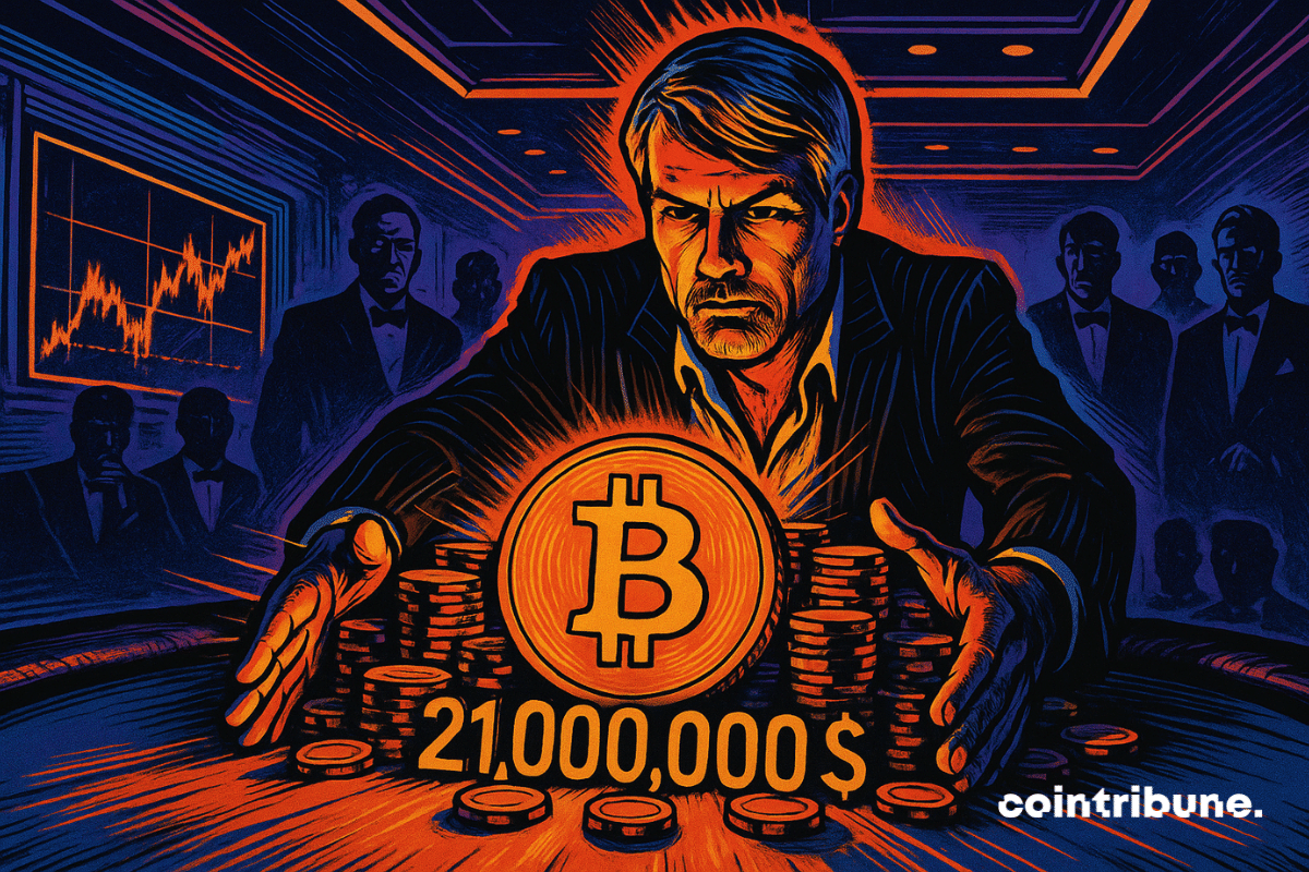Dans un casino futuriste, Saylor déterminé pousse ses jetons vers un énorme Bitcoin de 21 000 000 $. Des milliardaires stupéfaits observent, tandis que les écrans explosent de graphiques BTC.