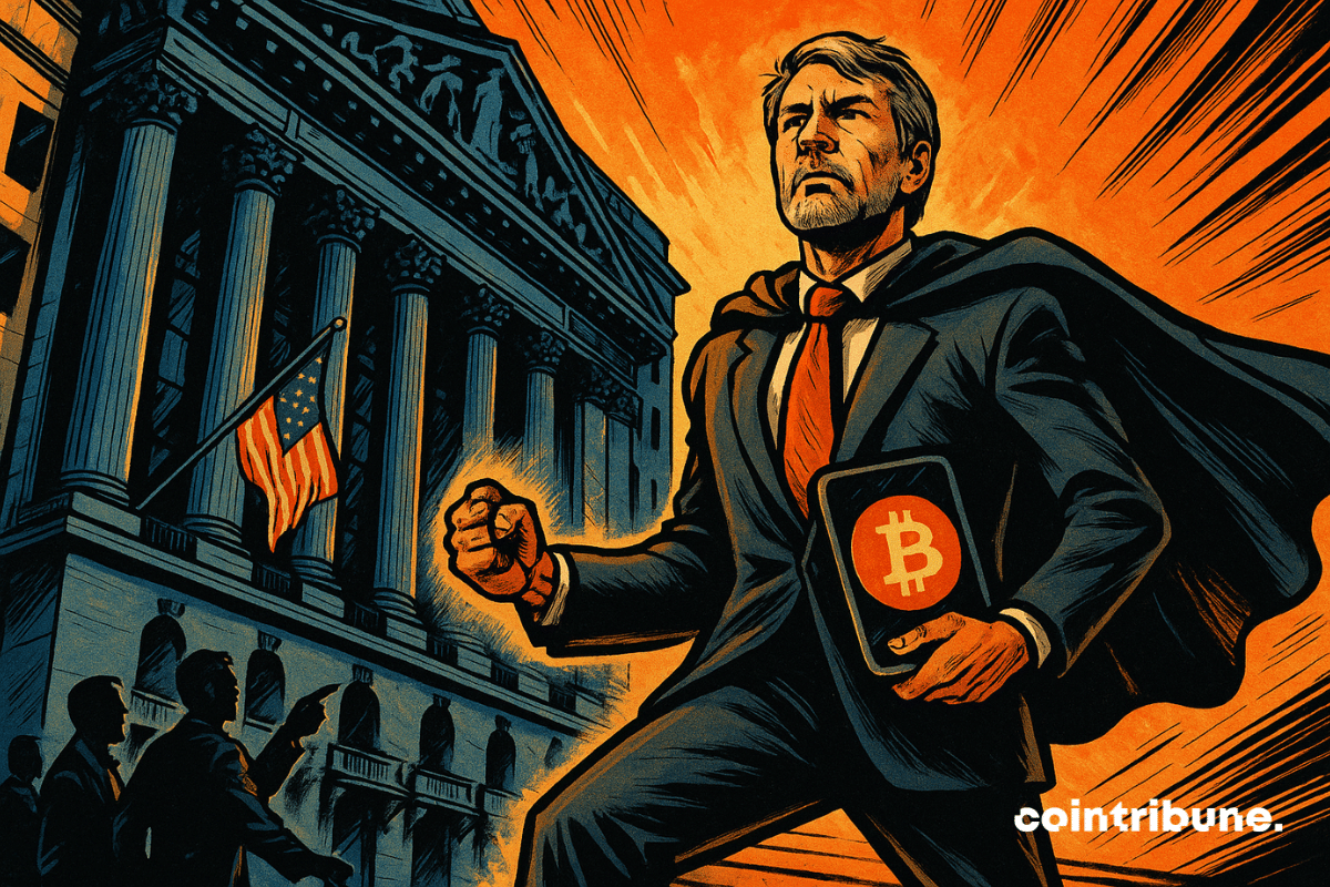 L'ex-PDG de Strategy, Michael Saylor, en costume monte les marches de Wall Street, tenant une tablette avec le logo Bitcoin. En fond, un ciel orange dramatique. Des silhouettes le regardent, stupéfaites. Ascension symbolique.