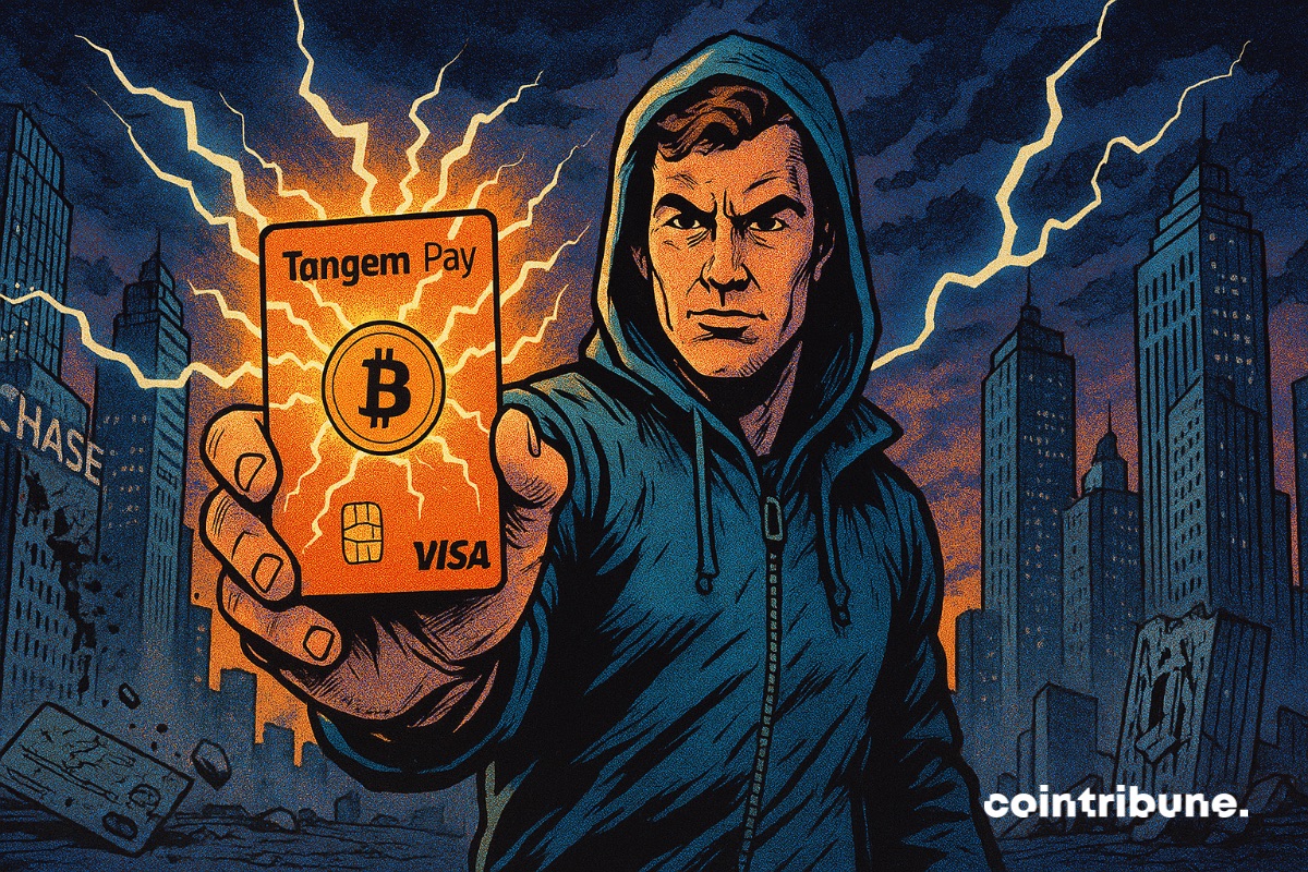 Un utilisateur crypto avec une carte Visa Tangem Pay puissante entourée d’éclairs.