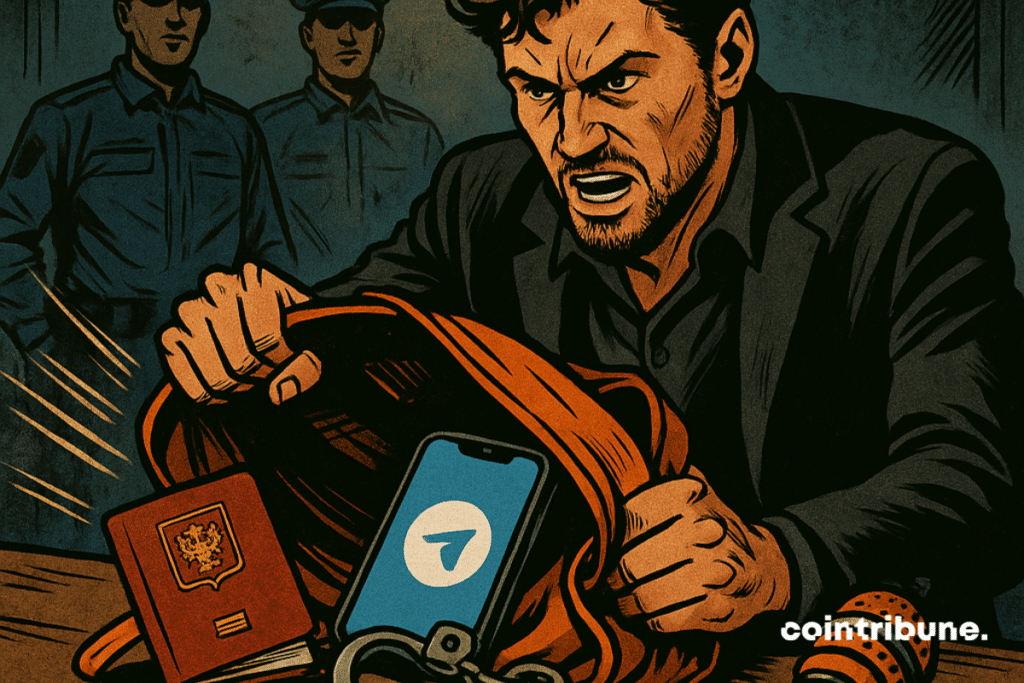 Homme barbu ressemblant à Durov, costume noir, chemise entrouverte. Assis à une table, expression intense, les mains sur un sac renversé. Du sac s’échappent : un passeport, un téléphone affichant le logo Telegram, des menottes brisées, un micro de podcast