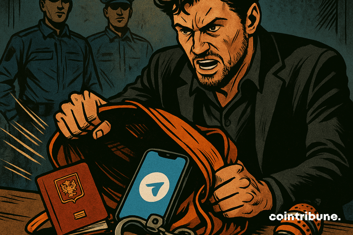 Homme barbu ressemblant à Durov, costume noir, chemise entrouverte. Assis à une table, expression intense, les mains sur un sac renversé. Du sac s’échappent : un passeport, un téléphone affichant le logo Telegram, des menottes brisées, un micro de podcast