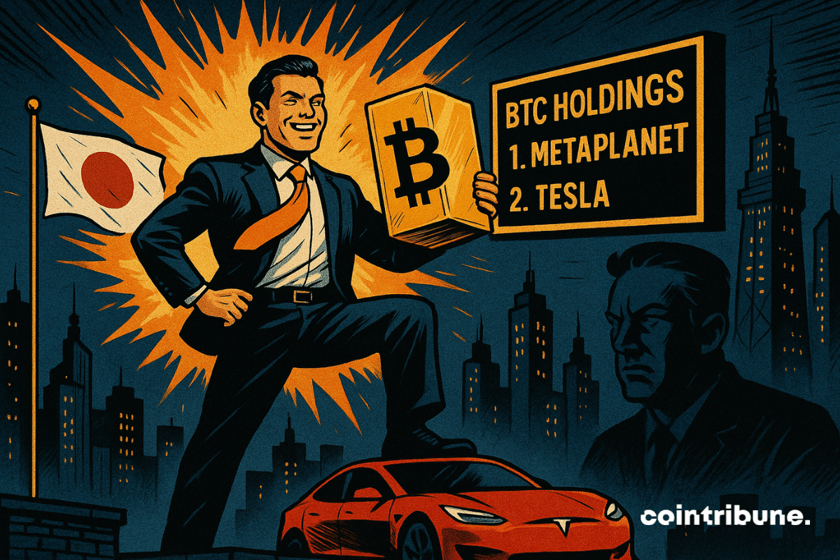 A triumphant Japanese businessman holds up a Bitcoin ingot on an urban rooftop. In front of a “BTC HOLDINGS” sign, Metaplanet surpasses Tesla. Orange explosion, tension, and economic dominance.