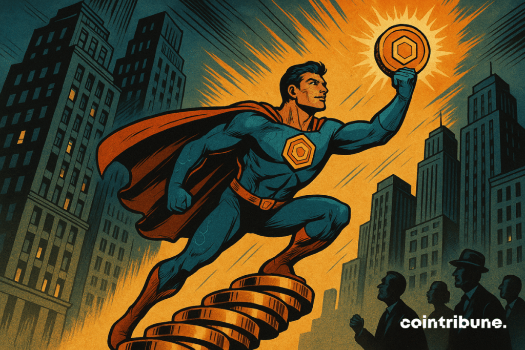 A superhero on a mountain of coins holds a token