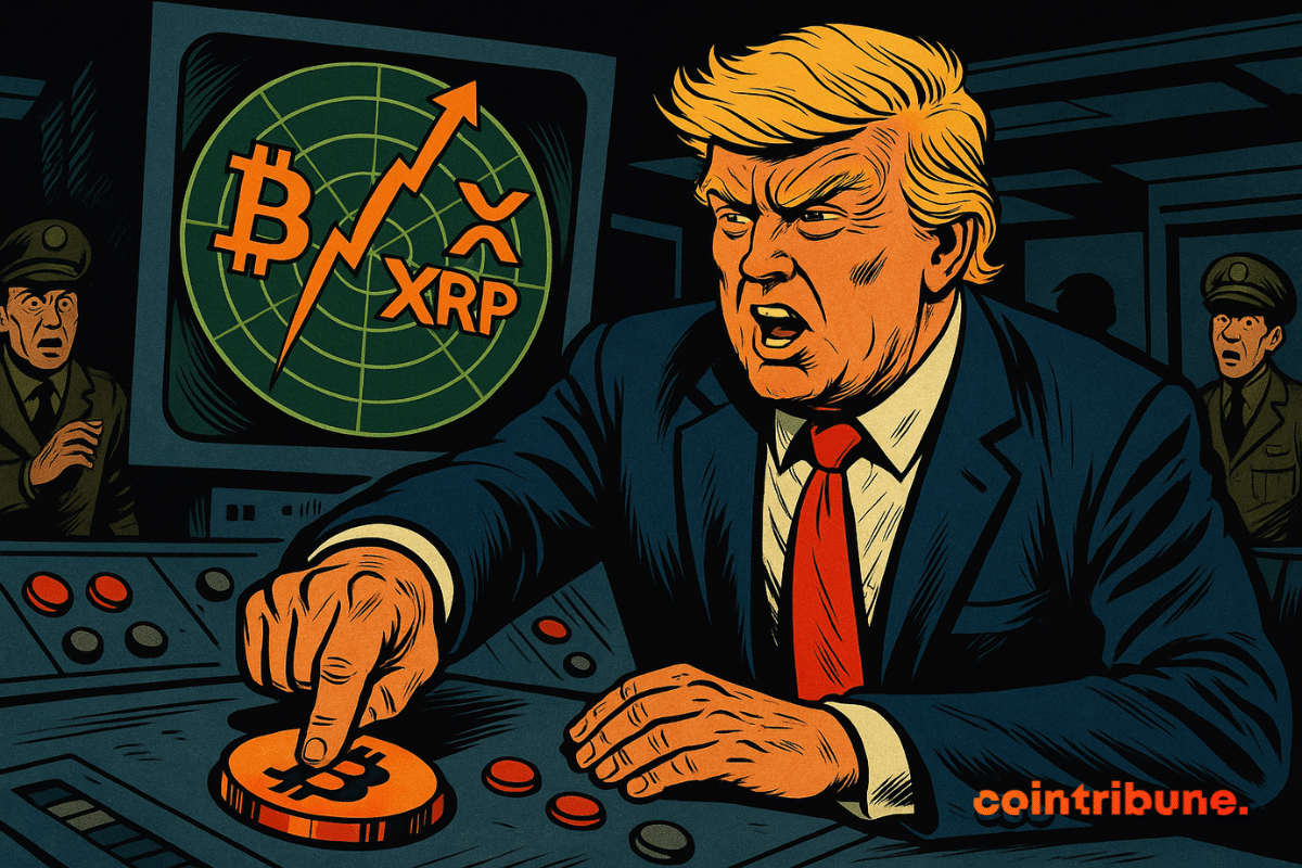 Donald Trump appuie sur un gros bouton Bitcoin dans une salle de commandement, tandis qu’un radar montre la hausse soudaine de Bitcoin, XRP et Ethereum.