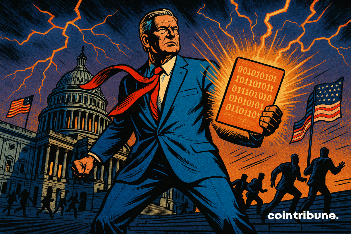 Le président Donal Trump, en costume bleu et cravate rouge, brandit un dossier numérique lumineux. Derrière lui, le Capitole, l’orage gronde, le Congrès fuit. Une scène épique aux couleurs vives des stablecoins.