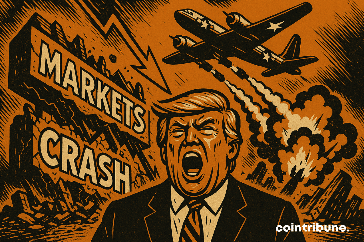 Donald Trump avec une expression inquiète, sur fond d'avions de guerre et d'explosions
