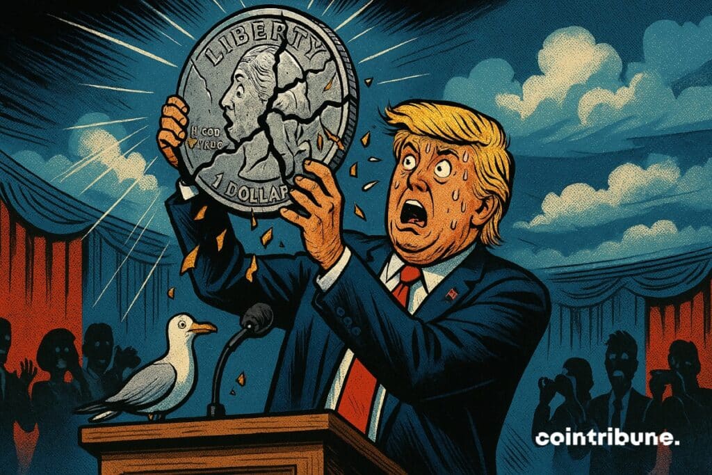 Donald Trump con una gran moneda estable de 1 USD agrietándose en sus manos.