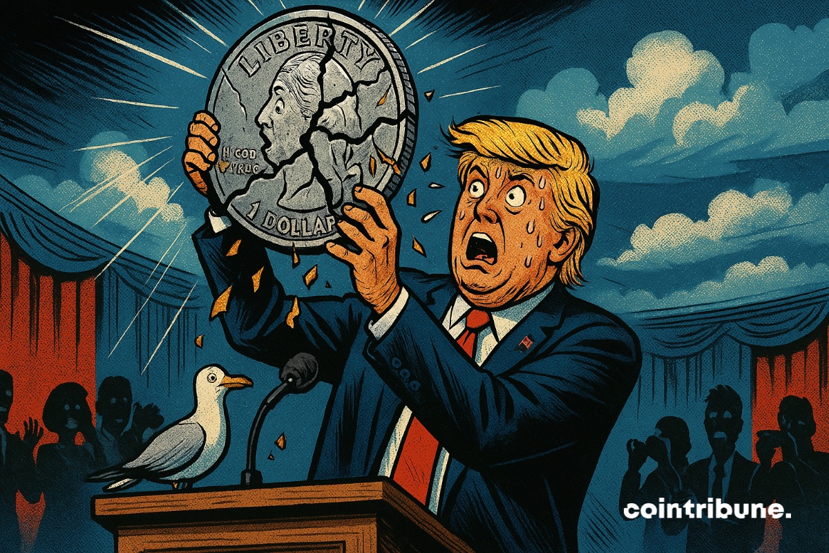 Donald Trump con una gran moneda estable de 1 USD agrietándose en sus manos.